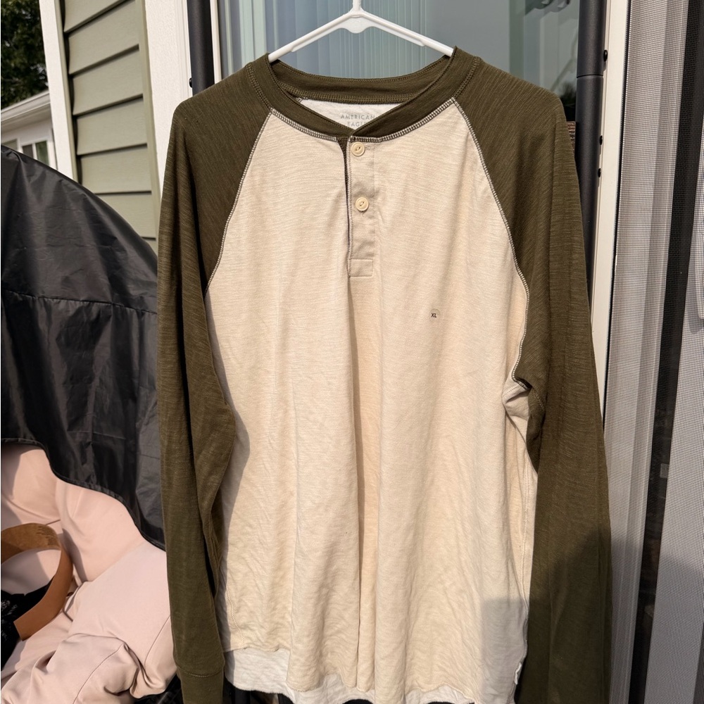 American Eagle Outfitters Men's Long Sleeve Shirt - Cream and Olive - Picture 2 of 6